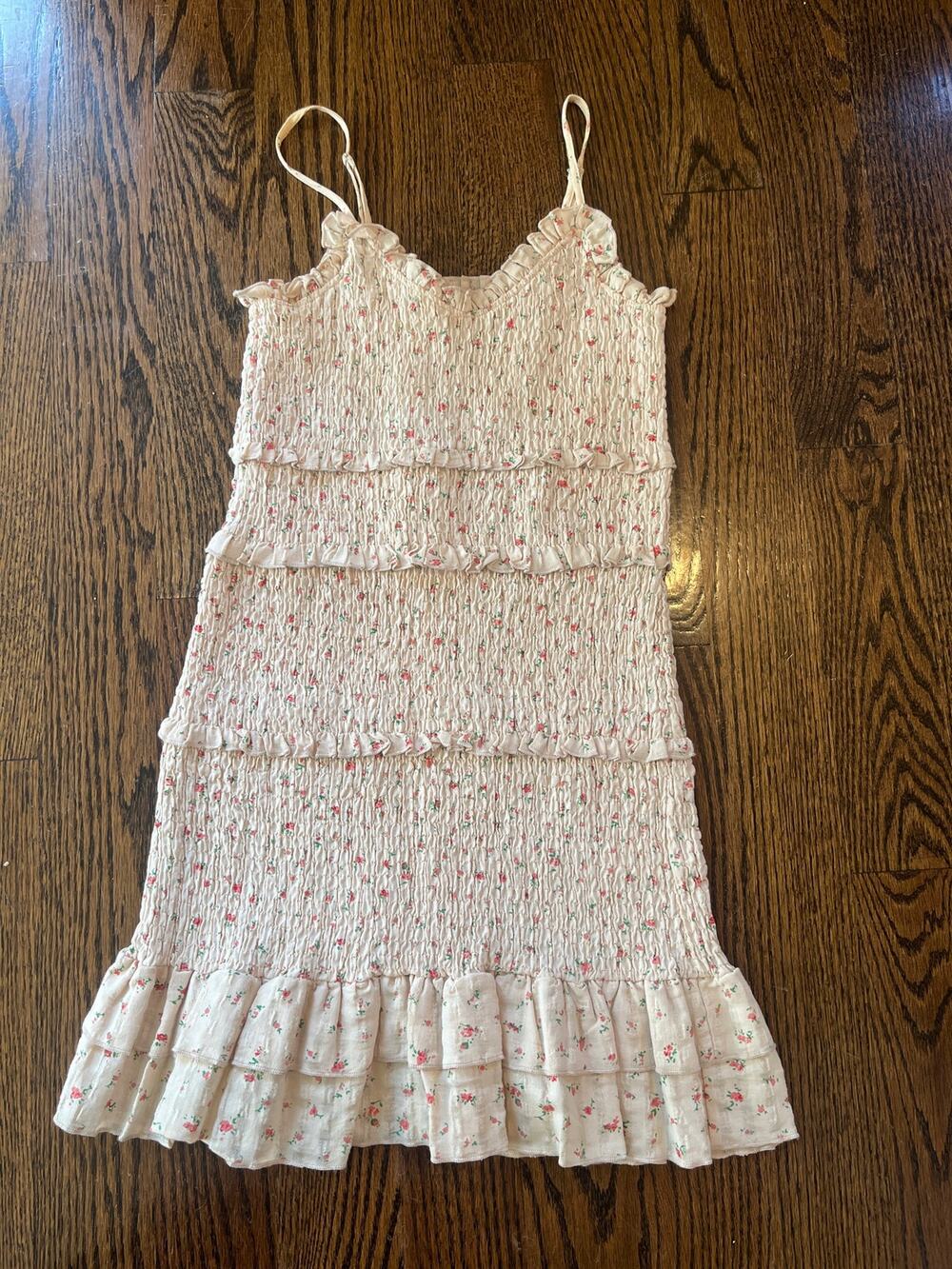 Mable smocked beige pink flower ruffle mini dress Sz. S 100%cotton fairy